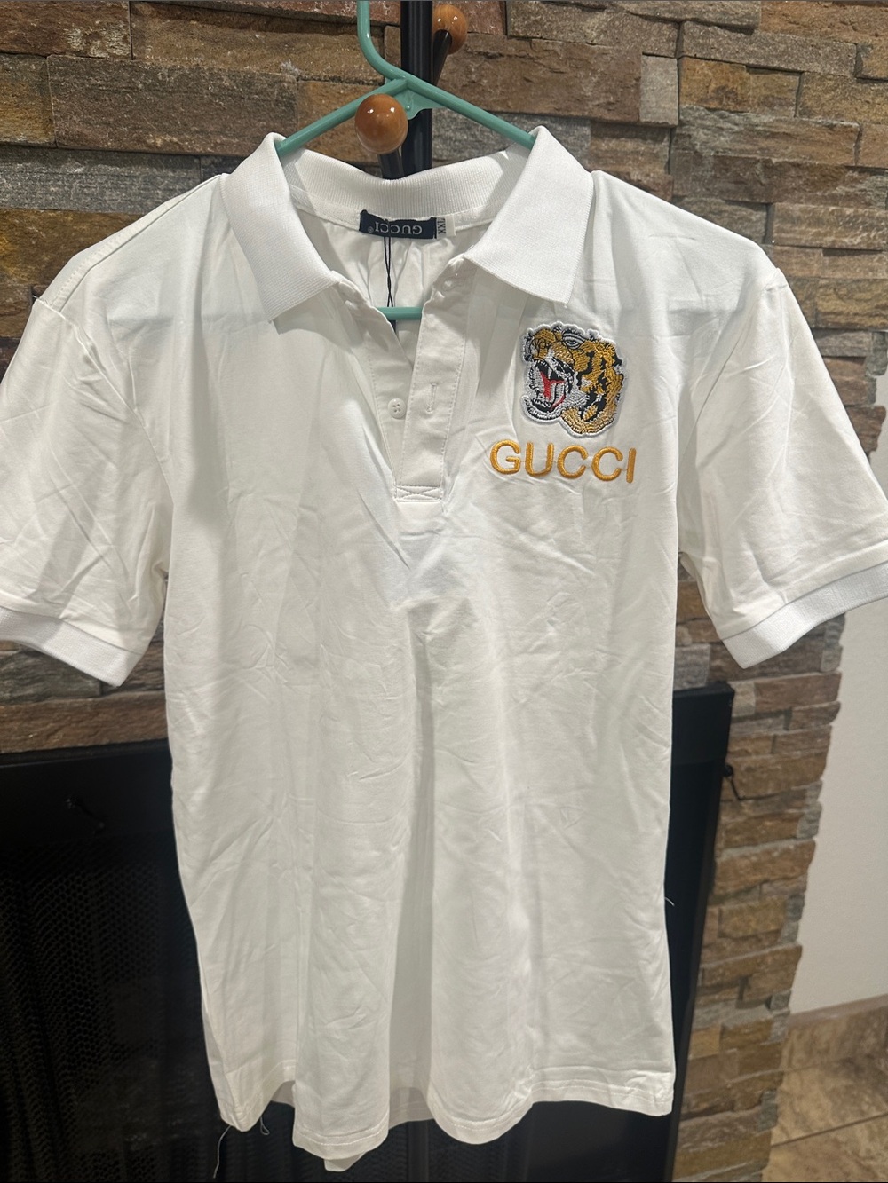 Cream Polo with Embroidered Tiger and Gold Logo size S